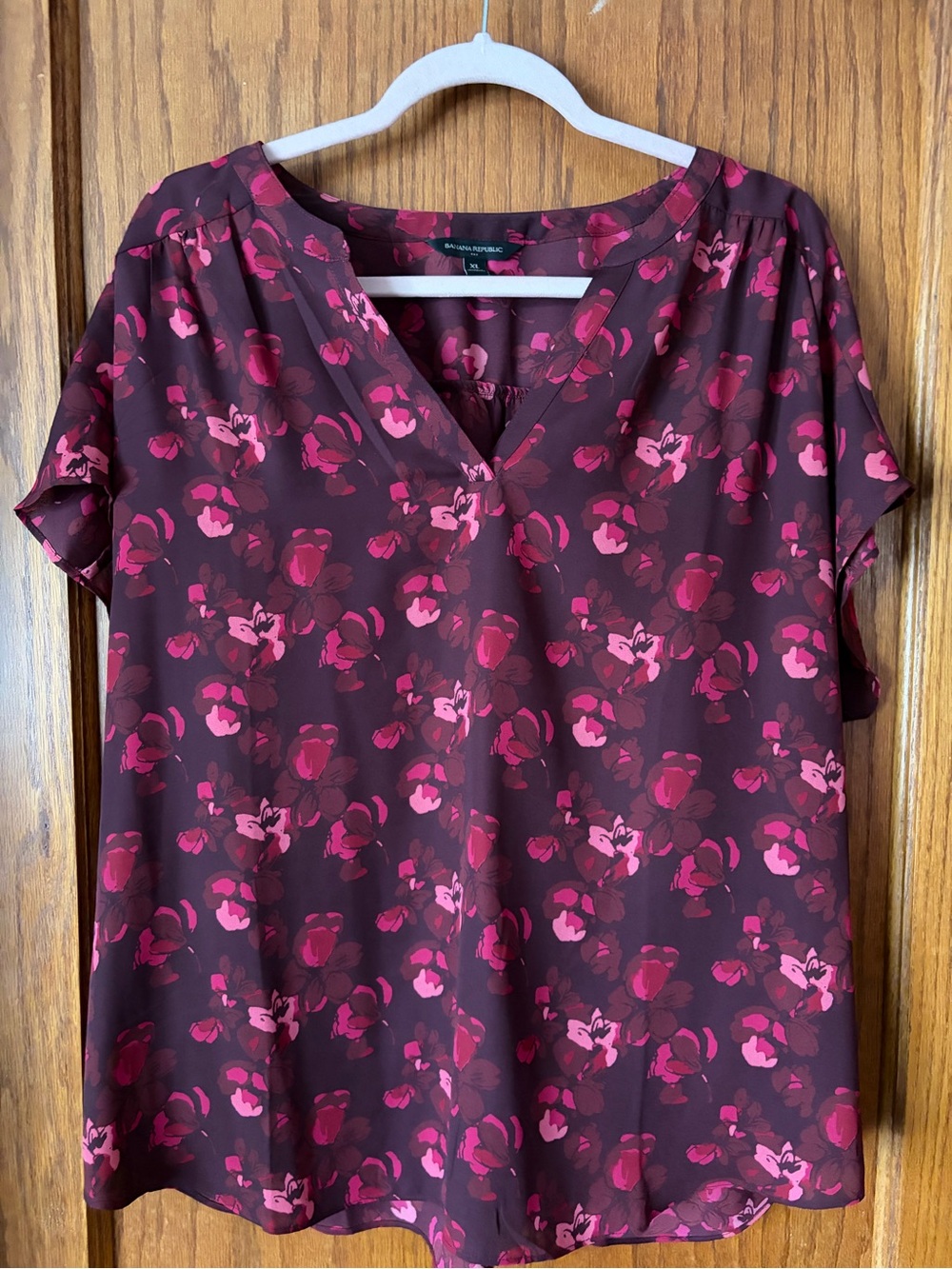 Banana Republic Floral V-Neck Blouse - Burgundy with Pink Floral